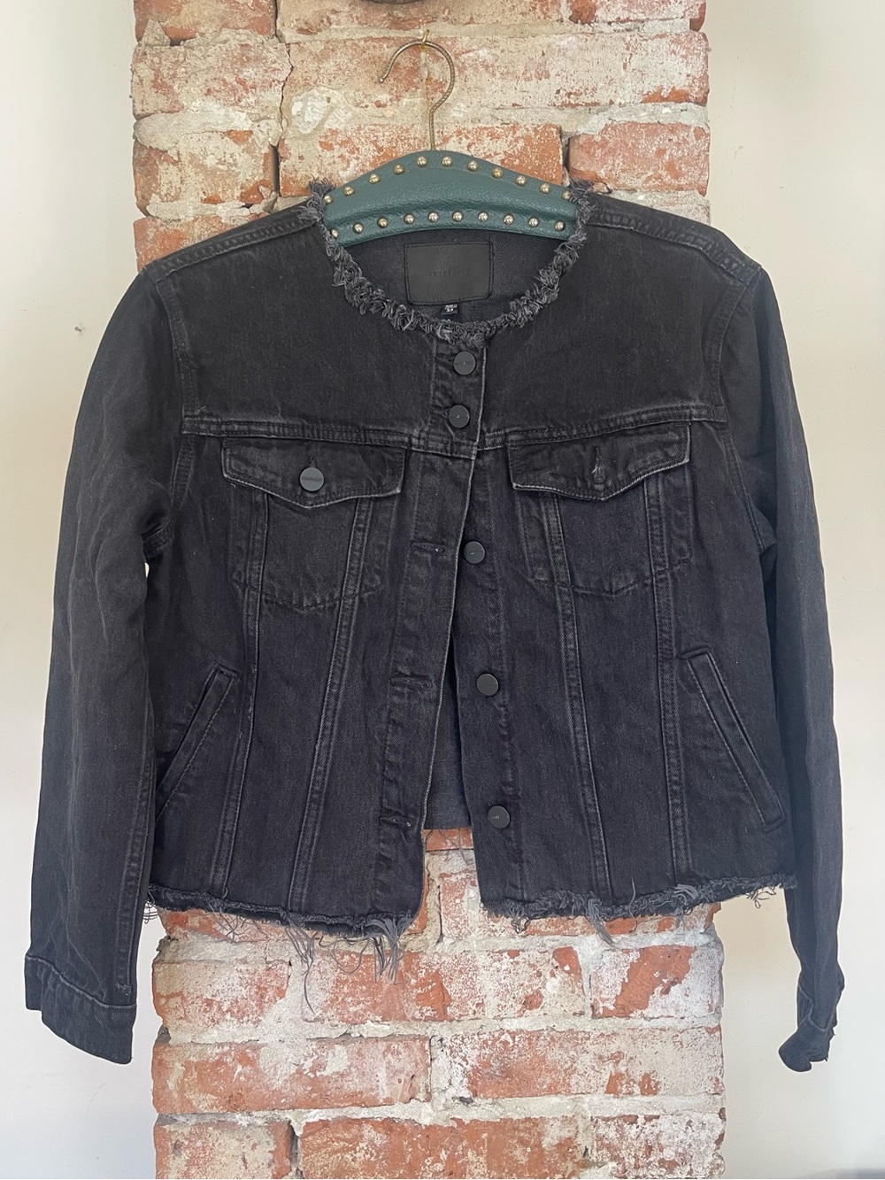 Sanctuary Black Distressed Collarless Denim Jacket